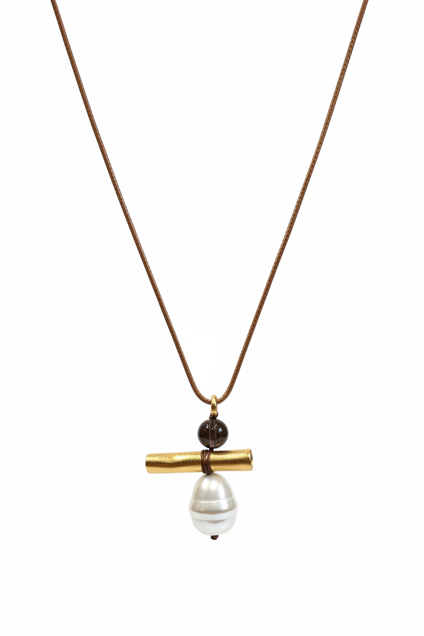 White background gold bar baroque pearl lariat necklace