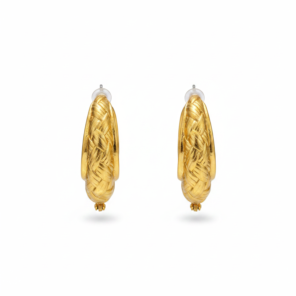 White background gold woven oval hoop earrings
