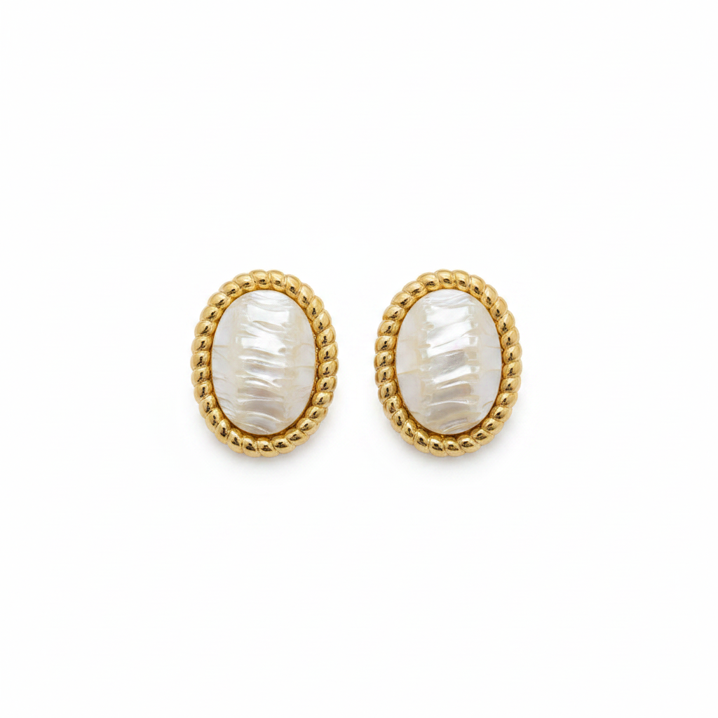 White background mother of pearl gold rope oval earrings