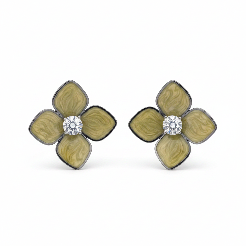 White background olive marbled flower crystal stud earrings