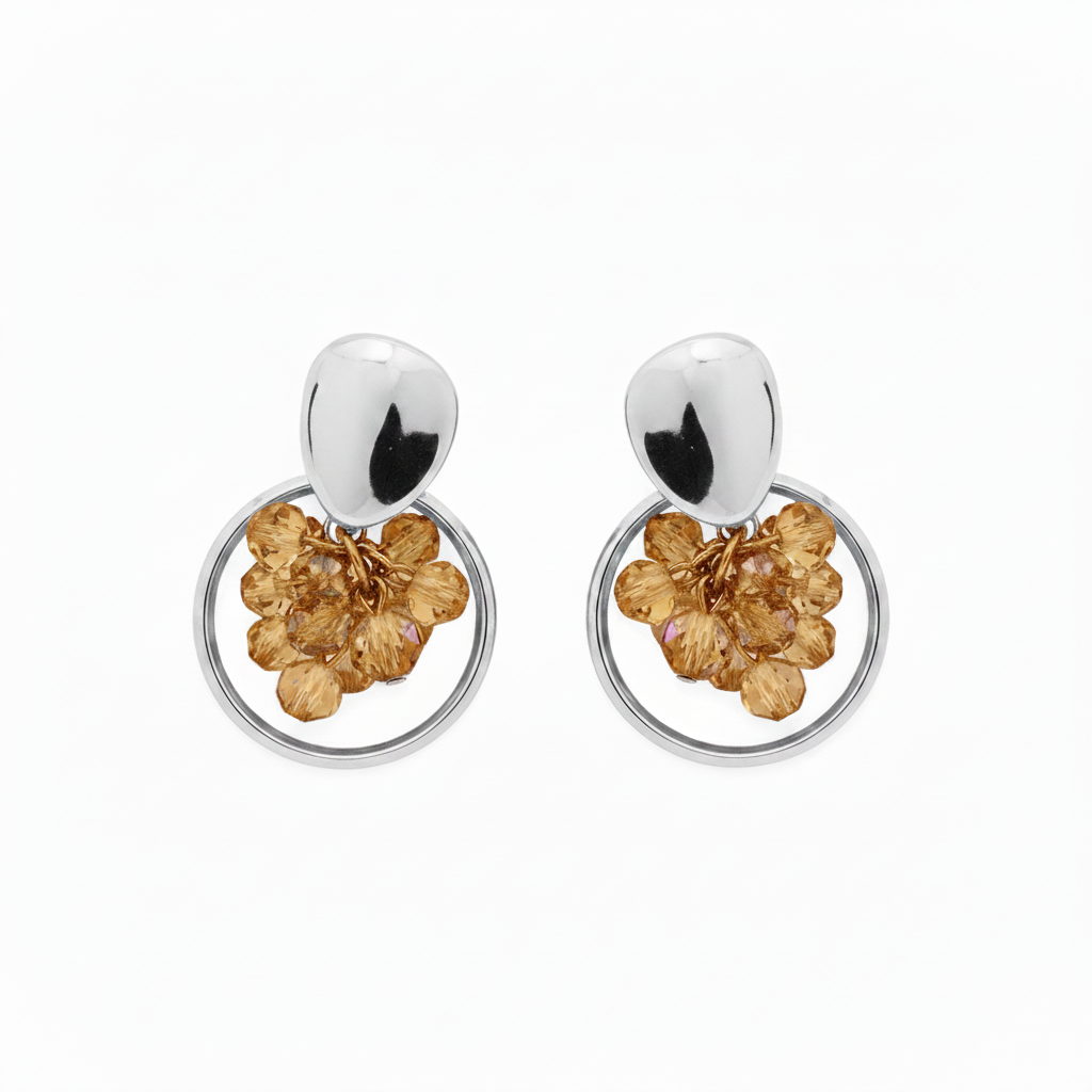White background silver amber crystal hoop drop earrings