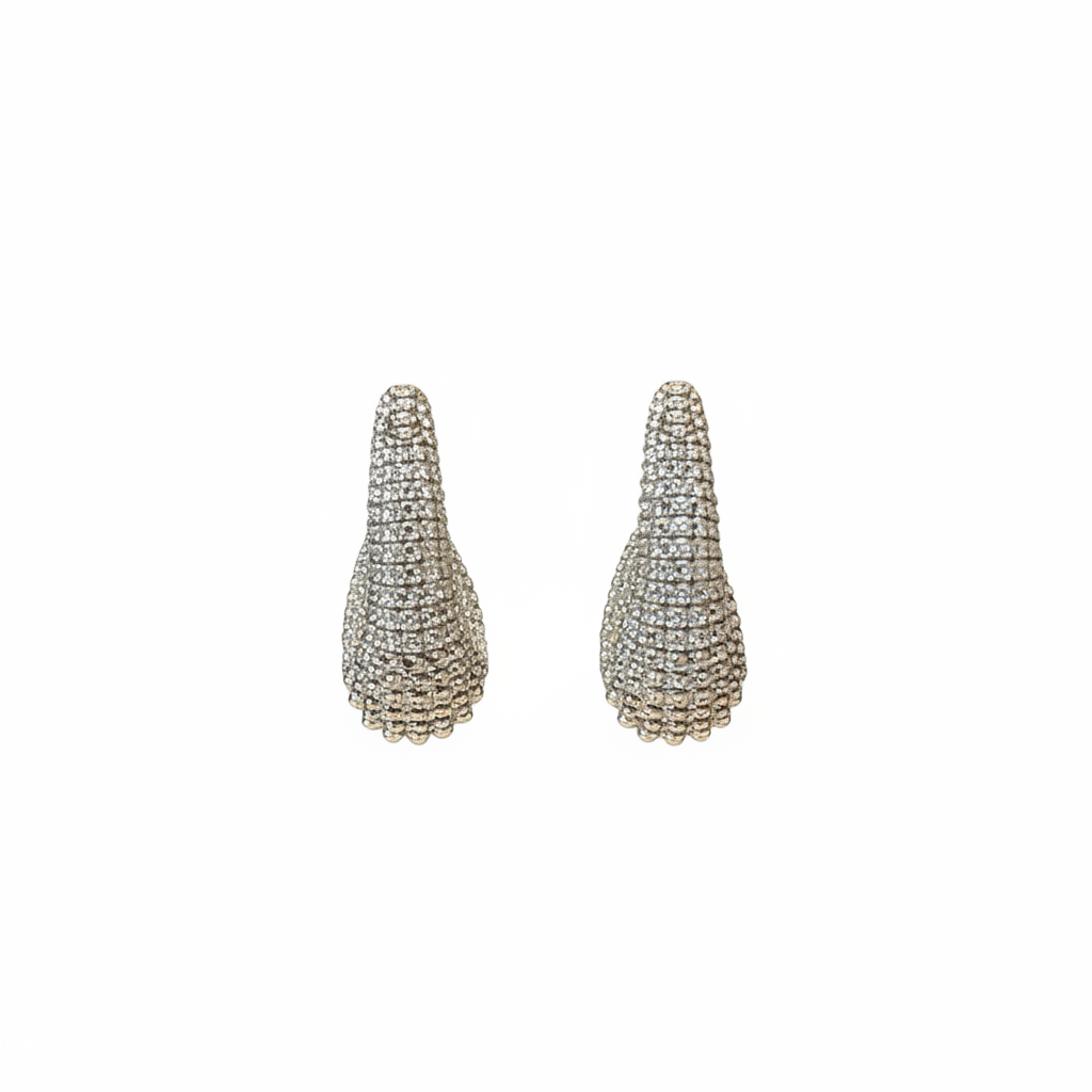 White background silver bead cone teardrop earrings