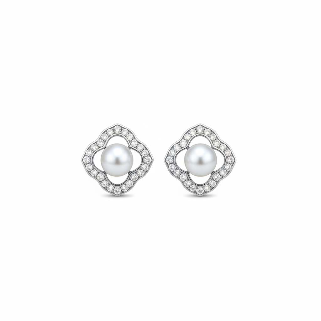 White background silver crystal quatrefoil pearl stud earrings