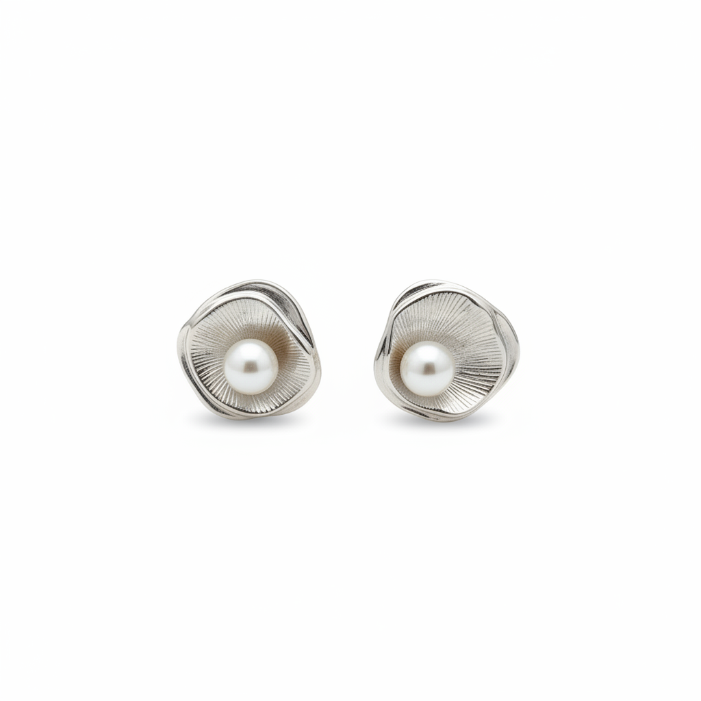 White background silver flower pearl stud earrings