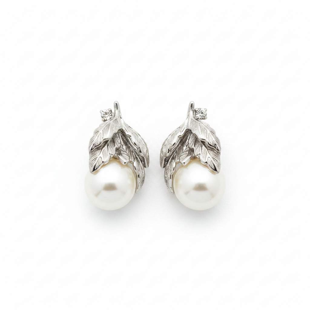 White background silver leaf pearl drop earrings