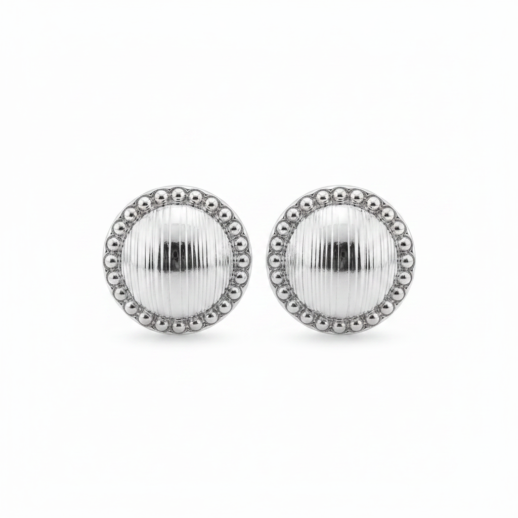 White background silver ribbed dome bead border stud earrings