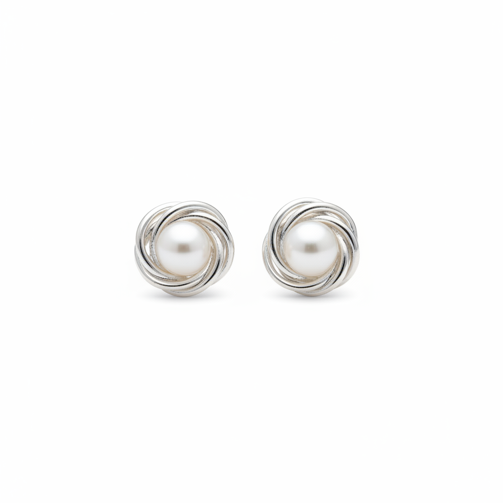 White background silver wire knot pearl stud earrings