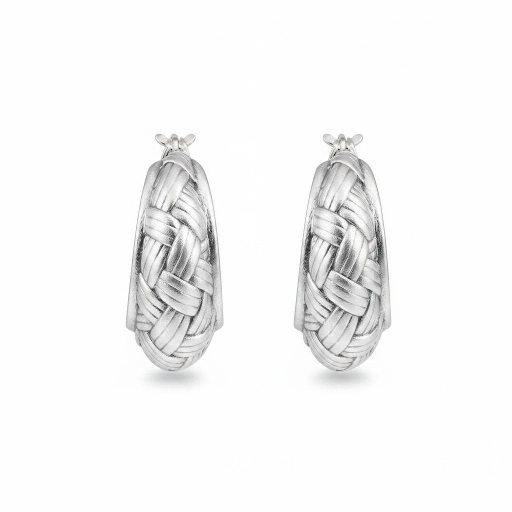 White background silver woven oval hoop earrings