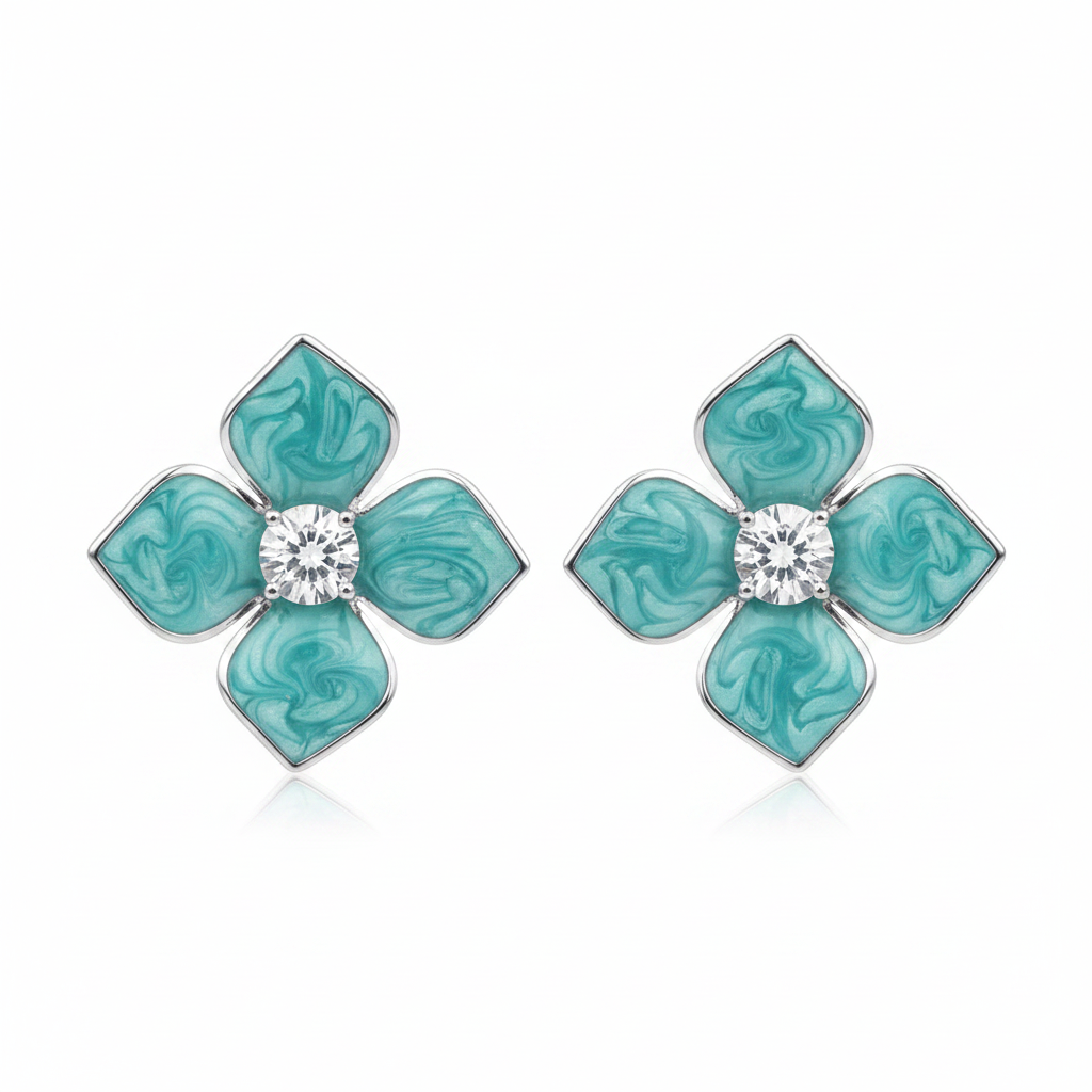 White background teal marbled flower crystal stud earrings