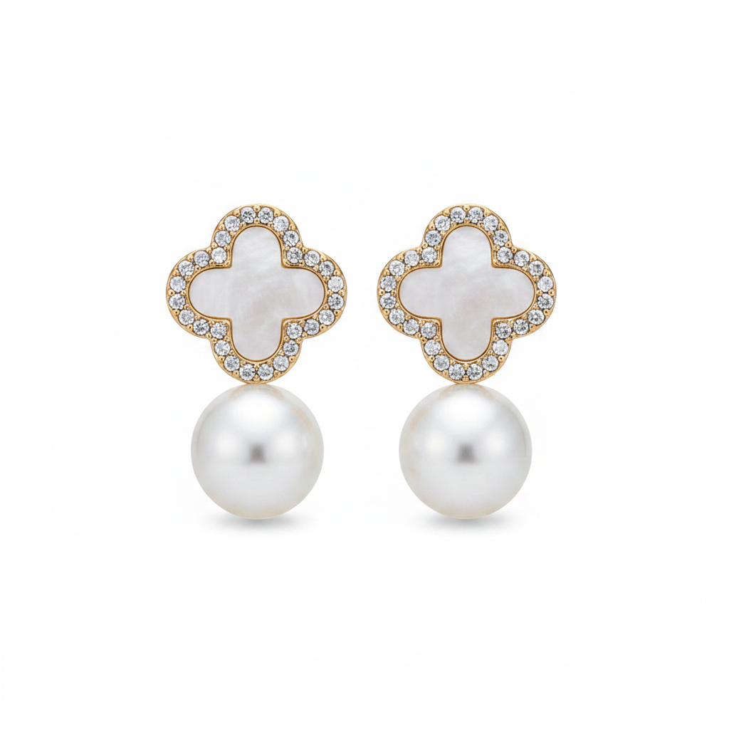 White background white clover crystal pearl drop earrings
