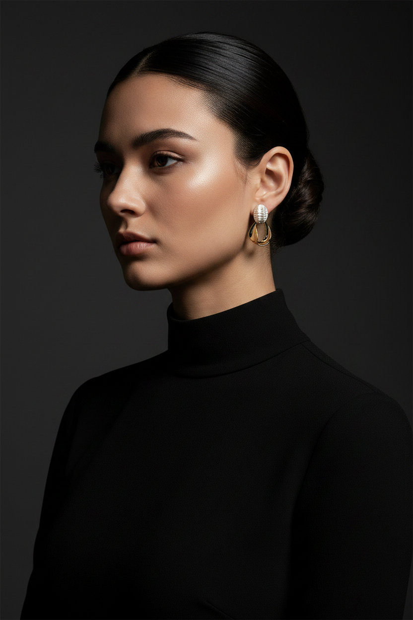 Wide shot small crystal gold loop earrings model