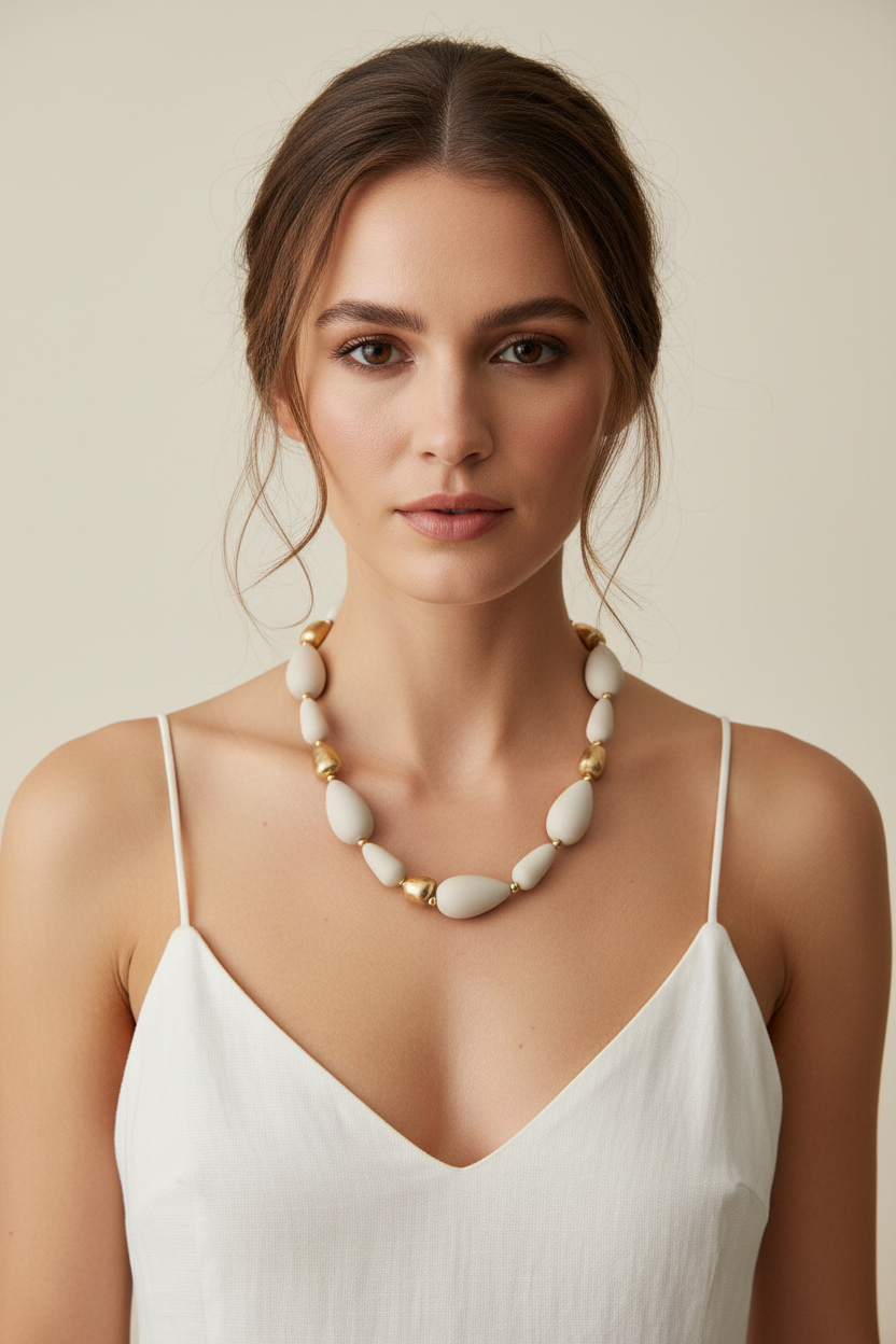 Zen Teardrop Clay & Gold Nugget Necklace – Model