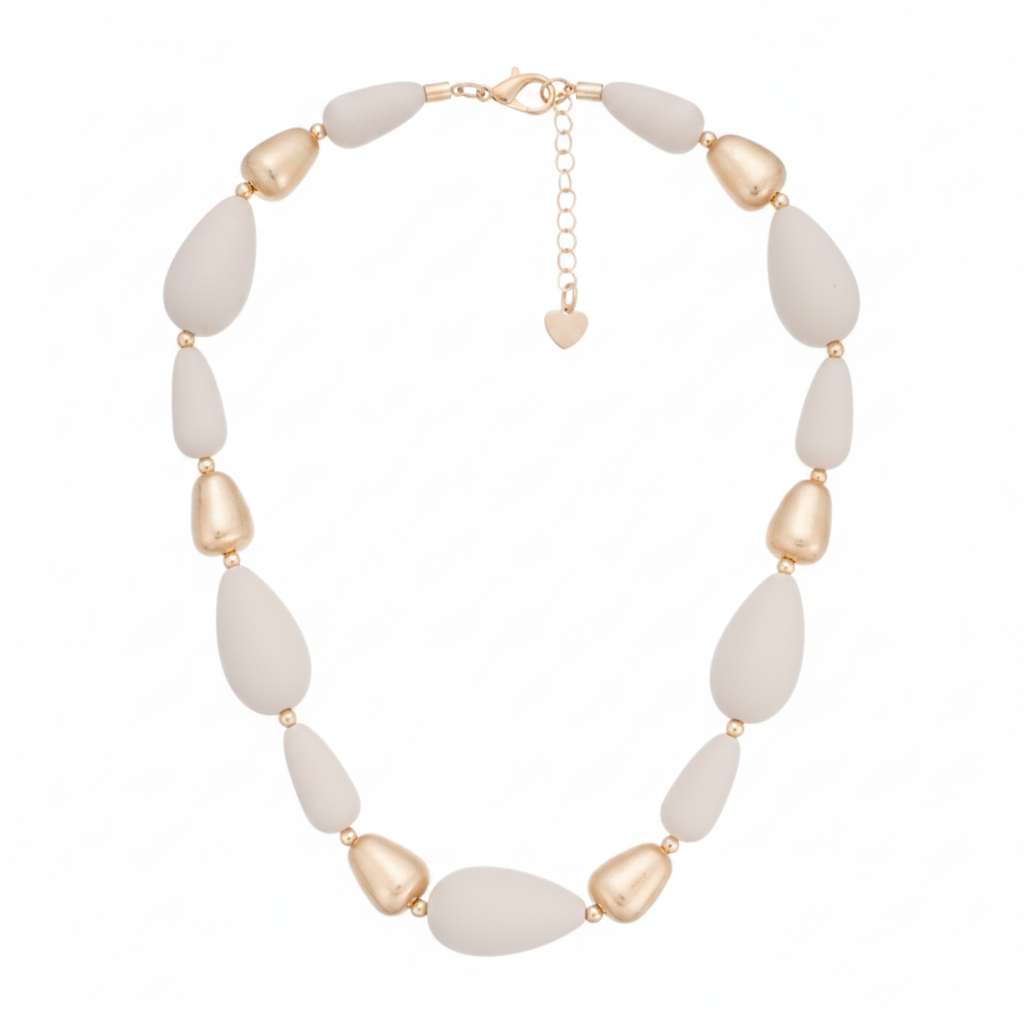Zen Teardrop Clay & Gold Nugget Necklace – White