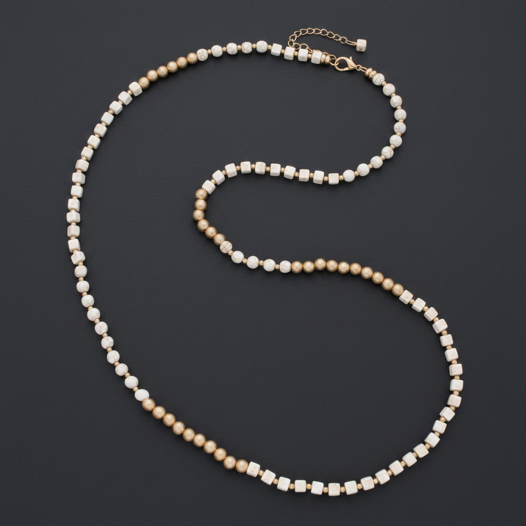 Zen White & Gold Beaded Necklace – Dark Background